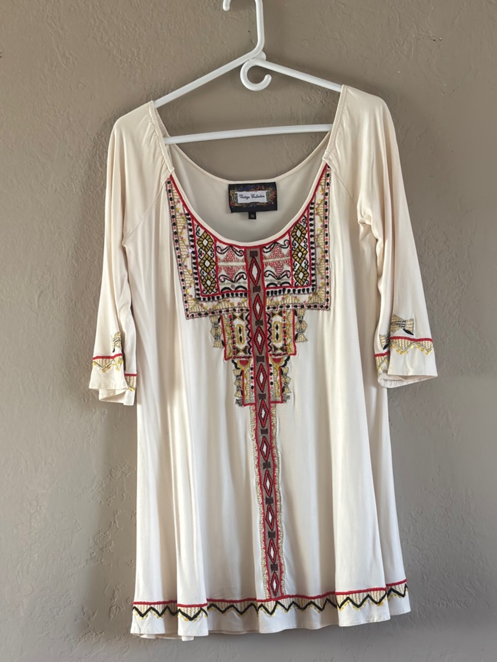 Cream Tunic Embroidery classic  vintage boho size XS oversized